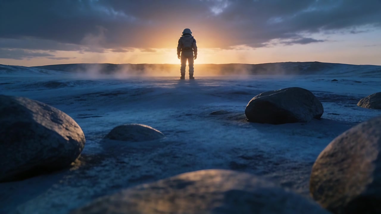 Standing suited explorer with helmet pack watching sunrise rising on frozen plain, rocks foreground