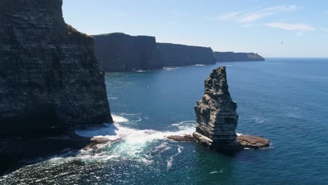 A-drone-shot-of-the-Cliffs-of-Moher,-the-tallest-sea-cliffs-of-the-rugged-West-Clare-Coast-of-Ireland