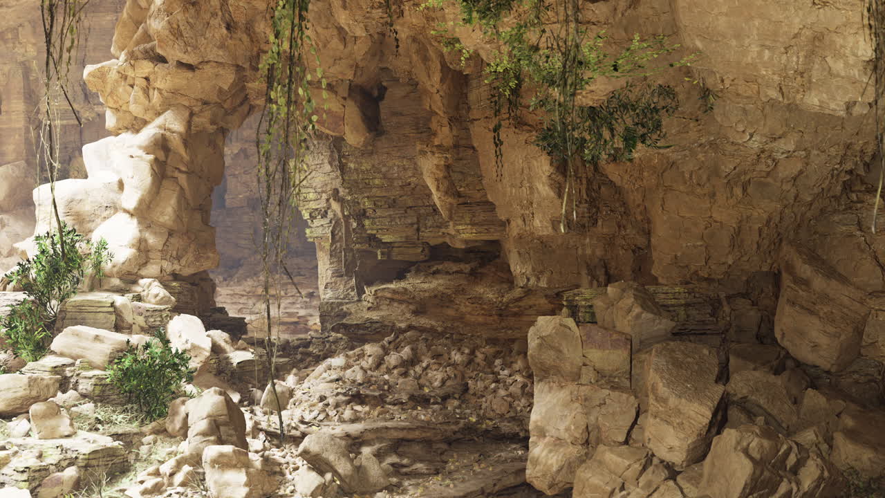Mysterious cave with rocky formations and greenery in a secluded location