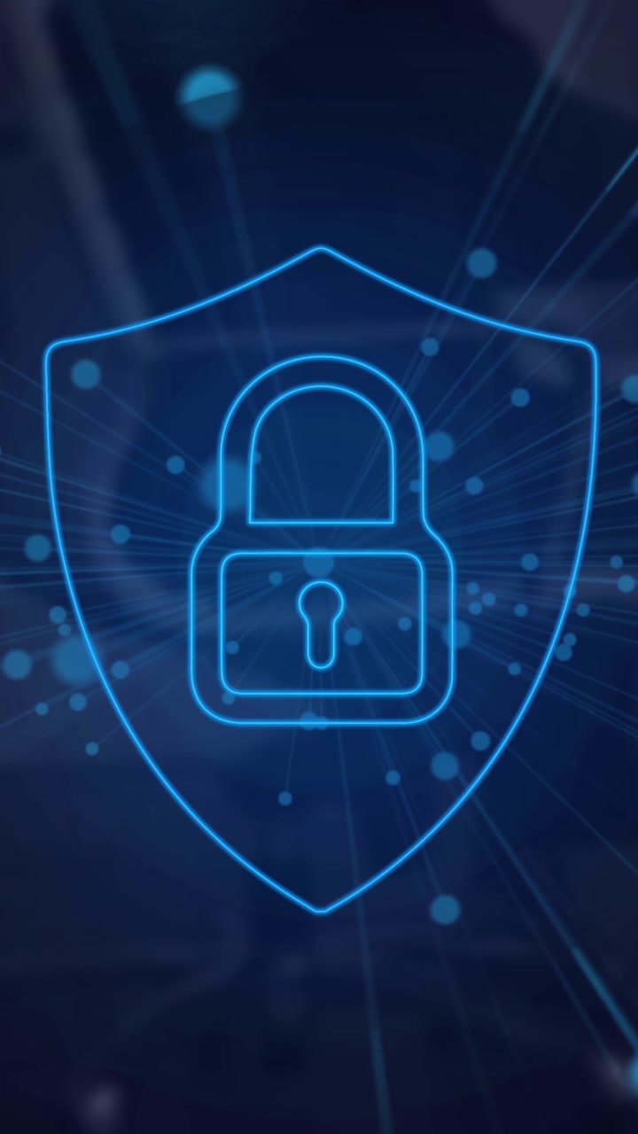 Animazione di macchie blu e icona di lucchetto di sicurezza sulla parte centrale di un uomo seduto su una sedia in ufficio