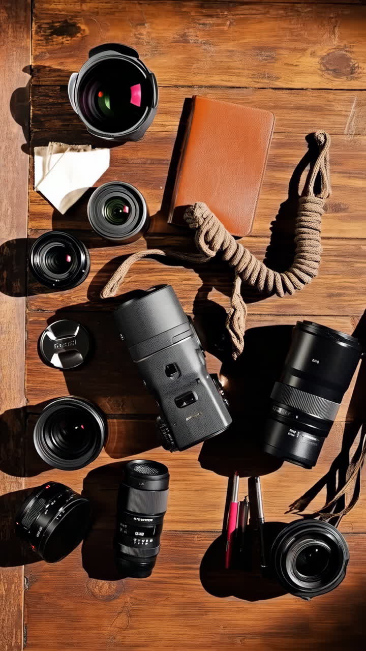 Collection of Camera Lenses and Photography Gear on a Wooden Surface