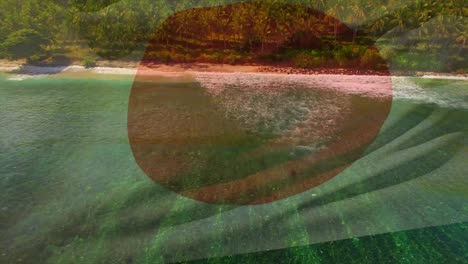 digital composition of waving japan flag against view of the beach and sea waves
