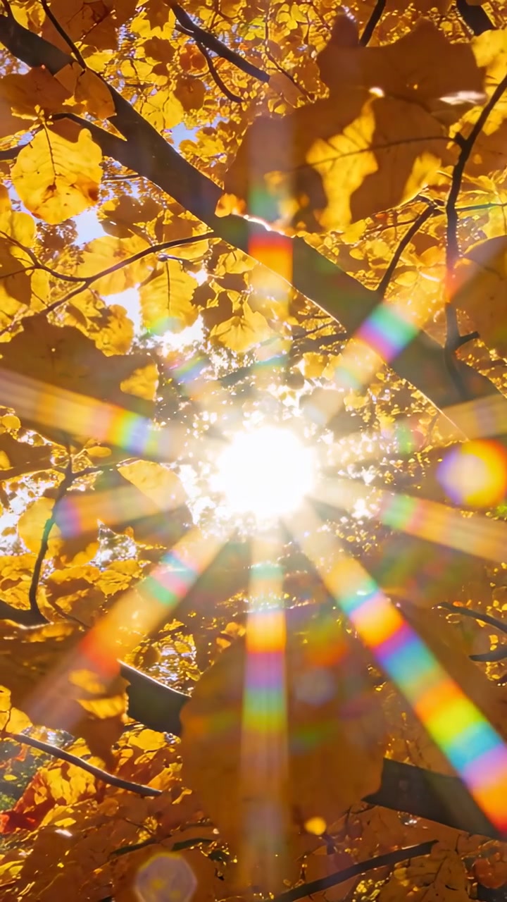 Video verticale: Sole splendente che crea un bagliore a lente arcobaleno sotto la chioma degli alberi del parco, brezza che muove le foglie.