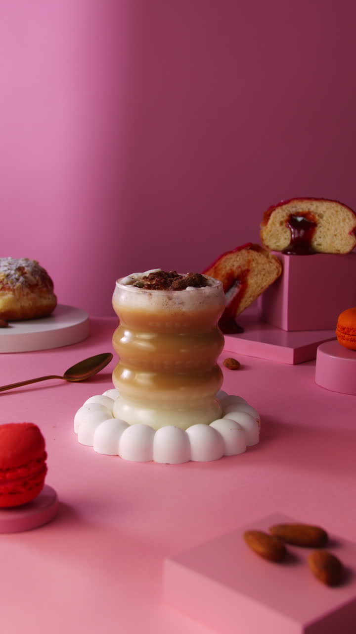 A striped cookie straw is inserted into a layered iced latte with foam in a sculpted glass. Surrounded by Berliner donuts, jelly filling, and colorful photo props on a pink pastel backdrop