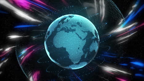 animation of digital globe surrounded by vibrant light streaks and data points