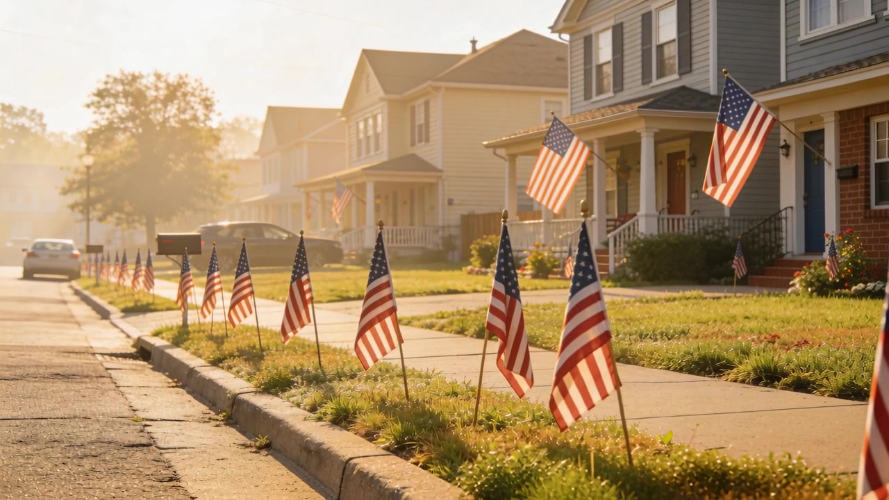 Camera starting push forward and right, revealing row of small American flags along suburban curb