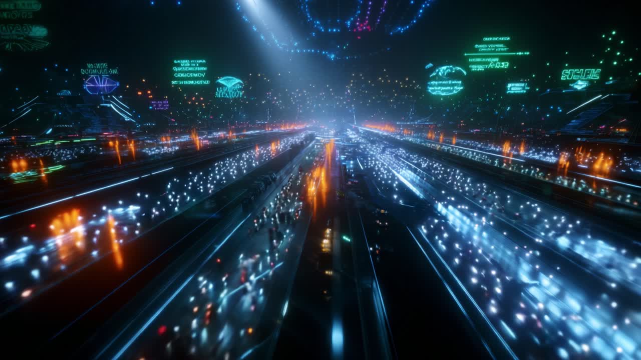 A mesmerizing journey through a futuristic digital landscape filled with vibrant lights, intricate patterns, and glowing neon signs, creating an immersive atmosphere that captivates the senses