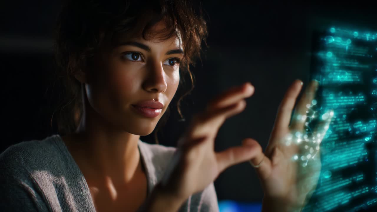 A woman interacting with a futuristic holographic interface, using her hands to manipulate glowing data and digital projections, showcasing advanced technology and her focused expression amidst a dark setting