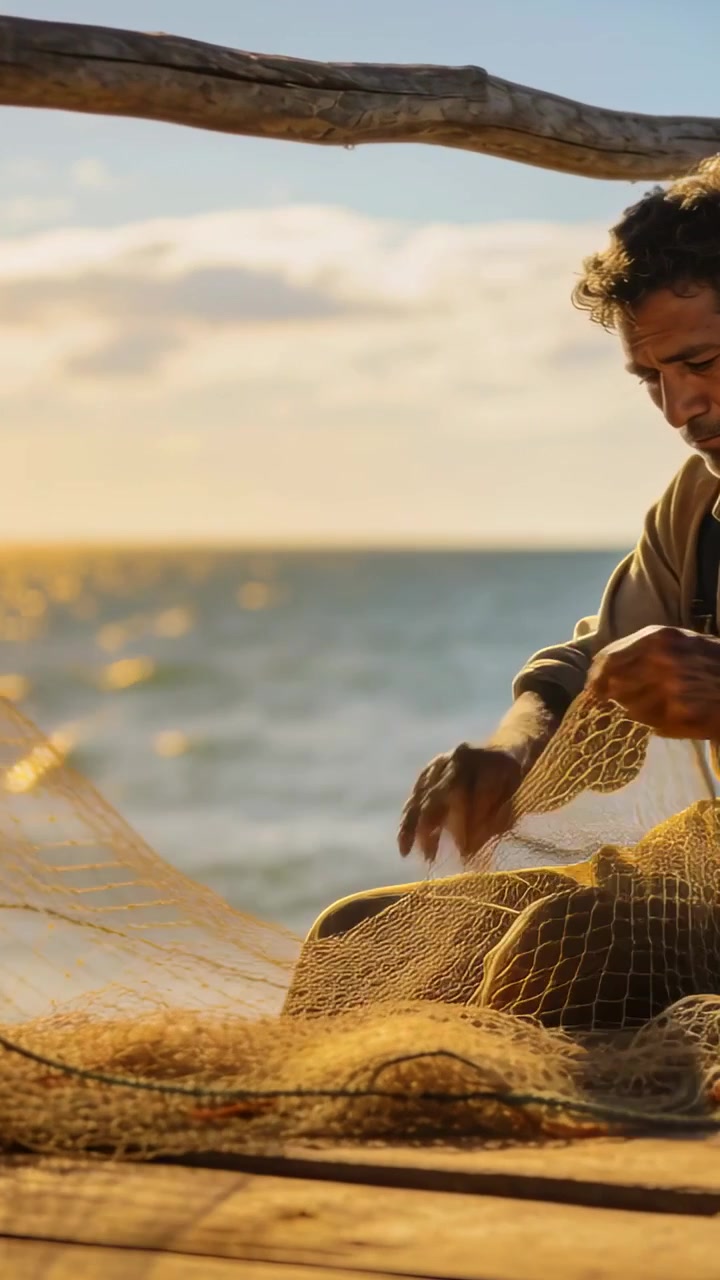 Video verticale: Uomo in camicia che trova e ripara una rete aggrovigliata sul molo per la pesca, con spazio per il testo.