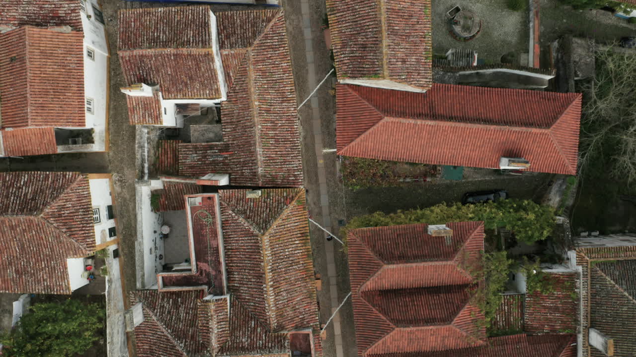 포르투갈 오비두스 마을에 있는 붉은 기와 지붕이 있는 백악관의 최고 전망 - 공중 드론 샷