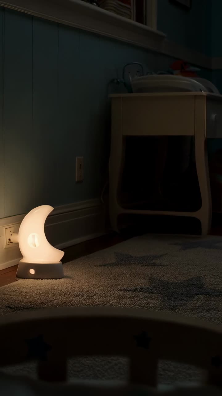 Vídeo vertical: luz nocturna brillante con forma de luna creciente que ilumina una esquina de la habitación infantil con una luz cálida, espacio para texto