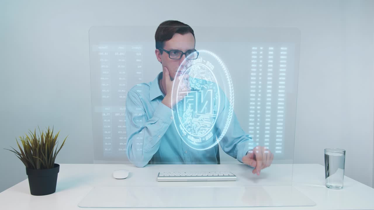 Futuristic computer screen with NFT word, concept of non fungible token. Investment in digital art.