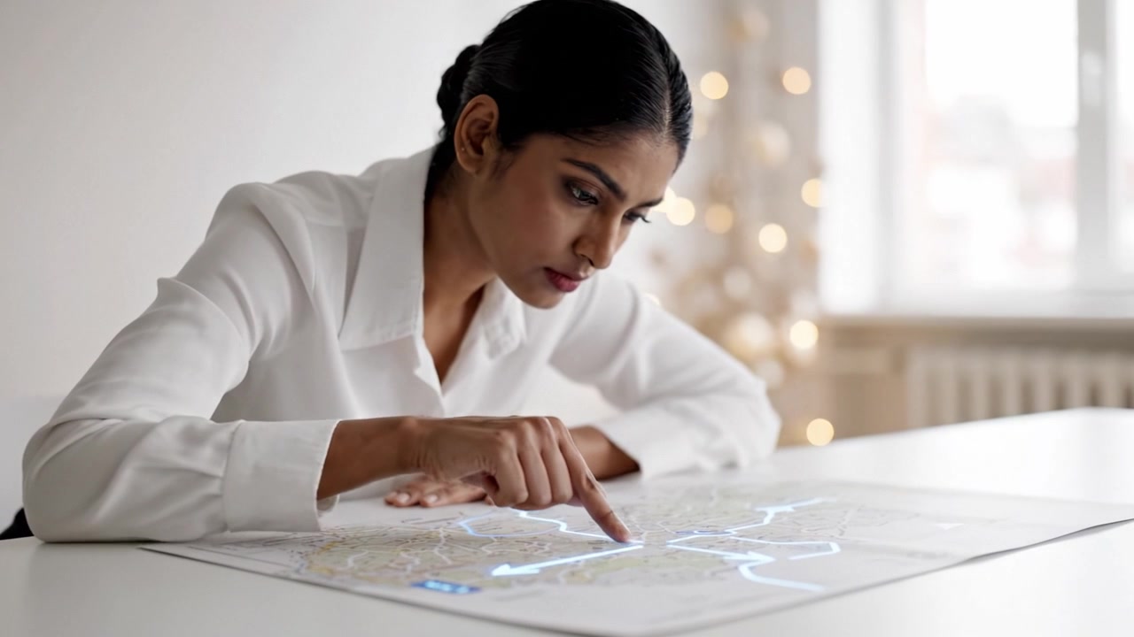 Woman Analyzing a Detailed Map with Focused Intent, Pointing Out Routes and Locations While Surrounded by Soft Indoor Lighting and a Calm Atmosphere