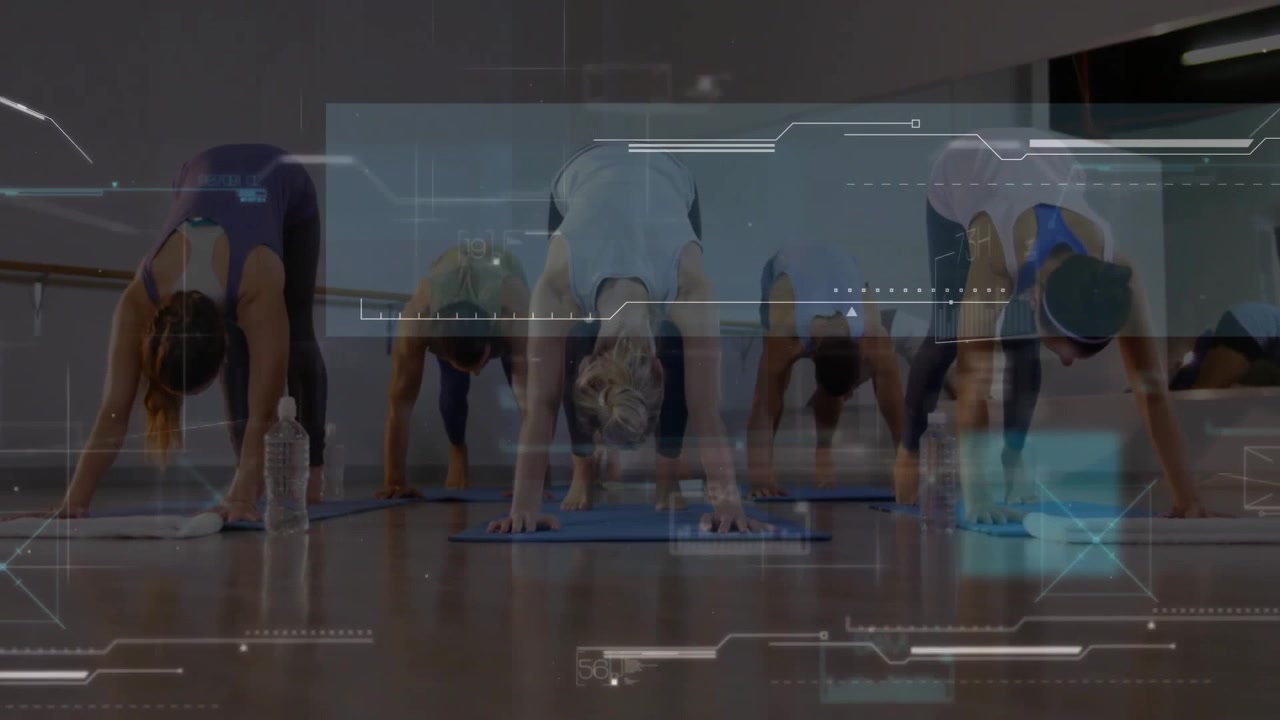 Group kneeling fitness class pausing pressing palms lifting hips into dog pose, overlay animating