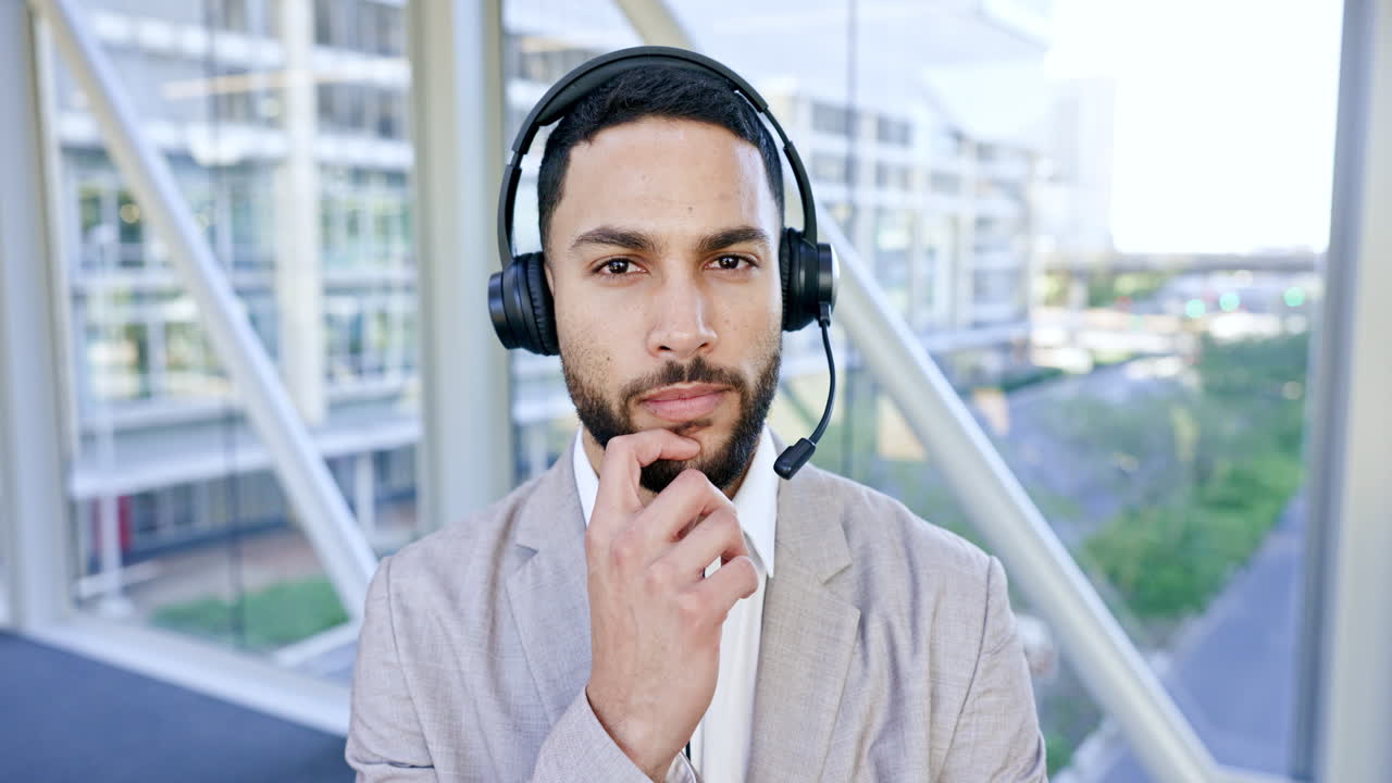 Thinking face, man and call center for video