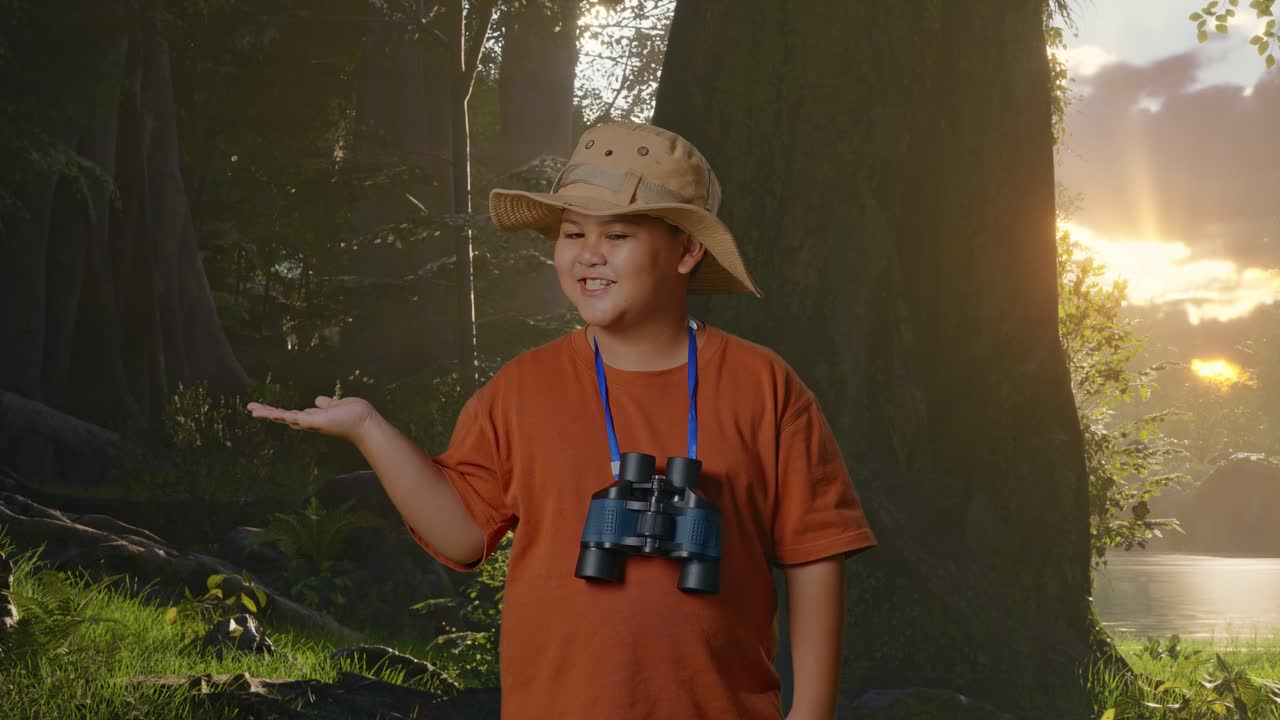 niño asiático con un sombrero y binoculares sonriendo y señalando hacia un lado mientras explora la naturaleza forestal. niño investigador examina algo, aventura de turismo de viaje, primer plano