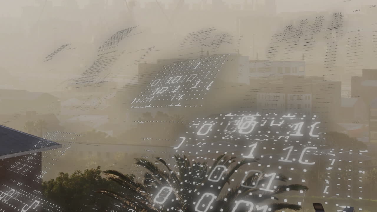 Binary code animation over cityscape with palm trees and buildings