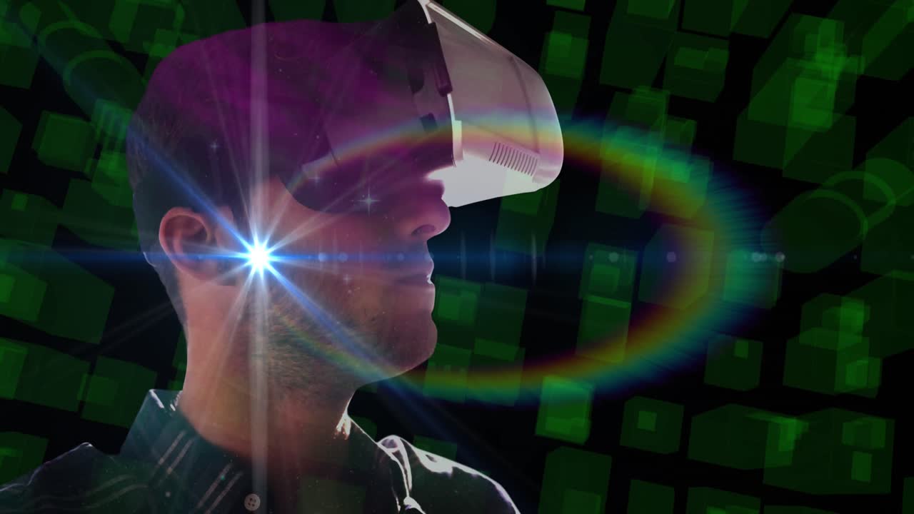 espacio sobre el hombre usando auriculares vr contra el paisaje urbano