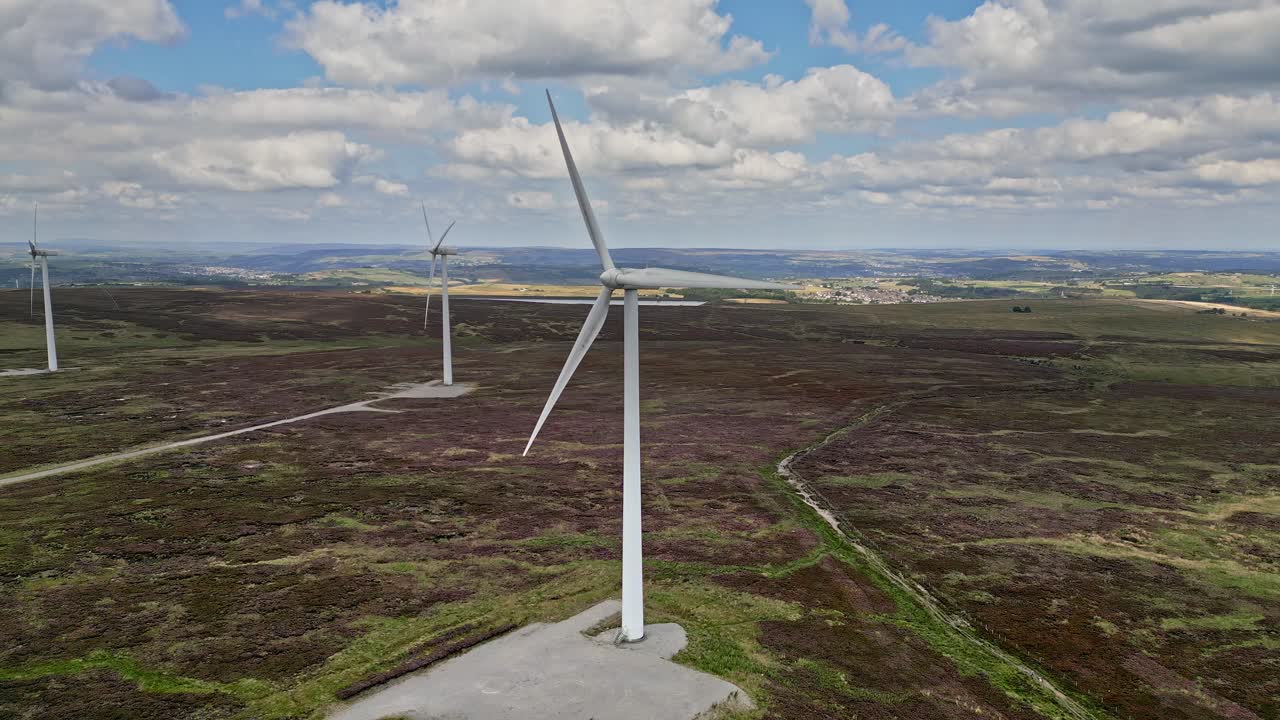 Wind Farm situated on the West Yorkshire Moors in the UK, taken using a drone