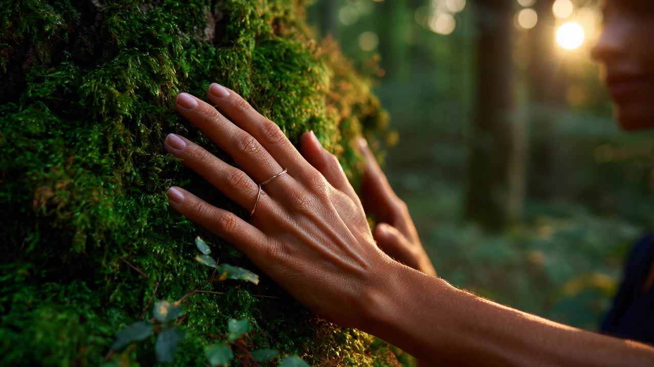 A Serene Moment of Connection: A Person's Hand Gently Touching the Lush Green Moss on a Tree Trunk While Bathed in the Warm Glow of Sunlight Filtering Through the Forest, Capturing Nature's Tranquility