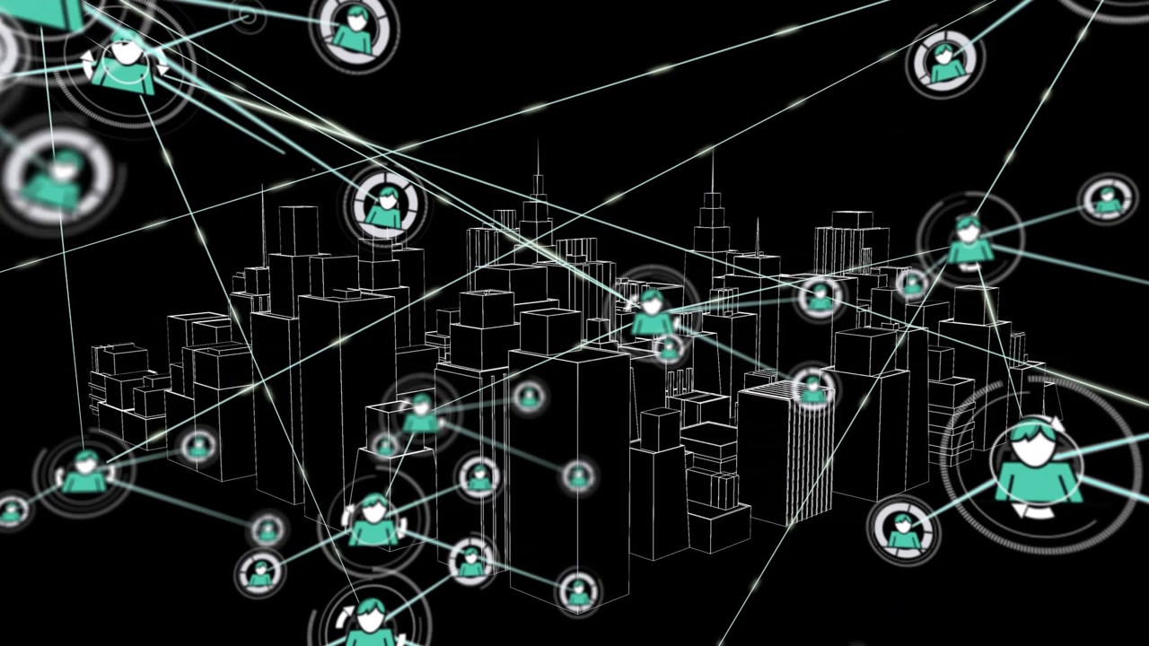 Pulsing central teal avatar sending lines and creating tech web over wireframe city for designers