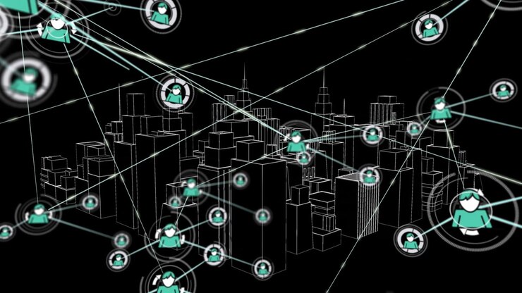 Pulsing central teal avatar sending lines and creating tech web over wireframe city for designers