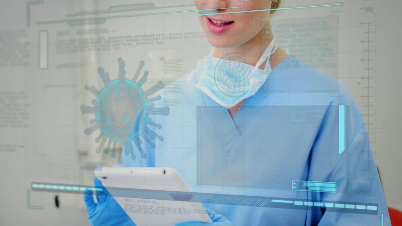 animación de una doctora caucásica con una tableta sobre el procesamiento de datos