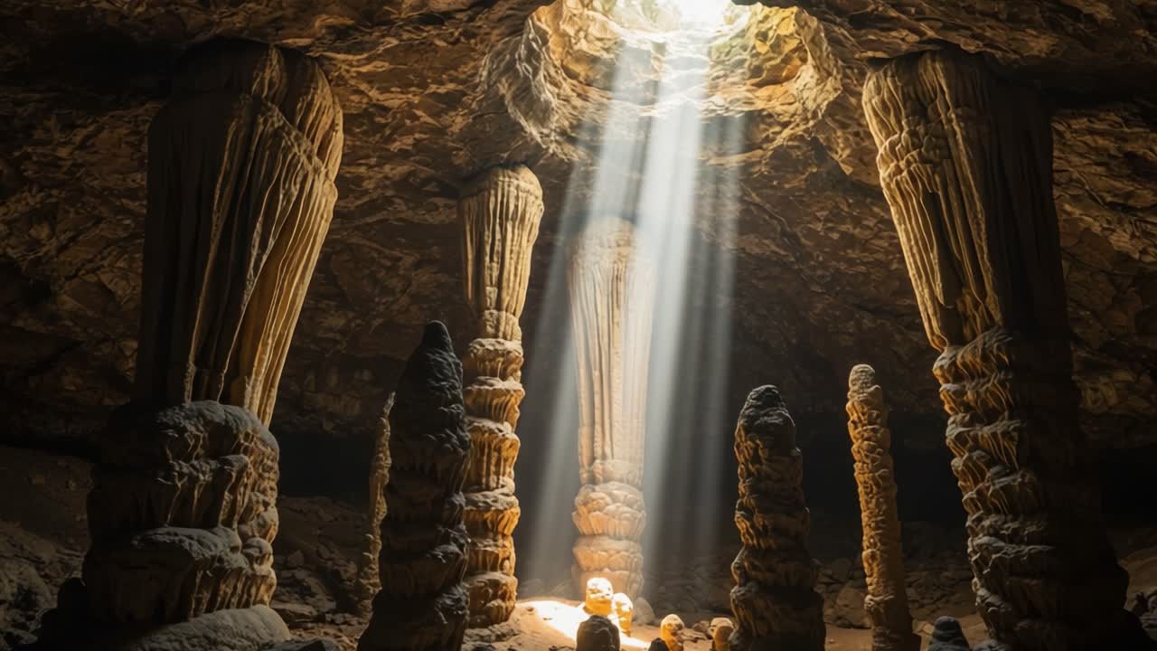 A Mysterious Underground Chamber Illuminated by Sunlight, Showcasing Majestic Stalactites and Unique Rock Formations in a Natural Cave Environment