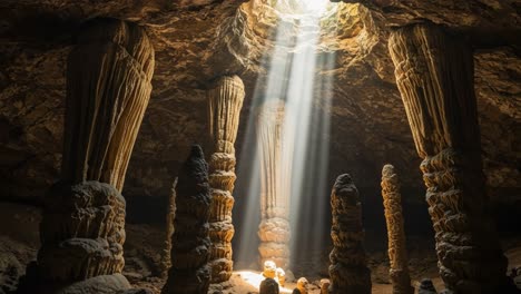 a mysterious underground chamber illuminated by sunlight, showcasing majestic stalactites and unique rock formations in a natural cave environment