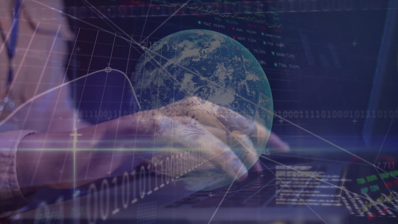 Animation of data over caucasian female if technician using computer