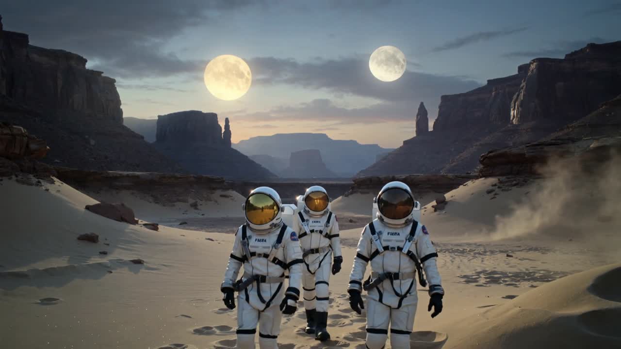 Fremrykkende astronauter i dragter med hjelme på signal i en kløft under to måner, efterlader fodspor og støv.