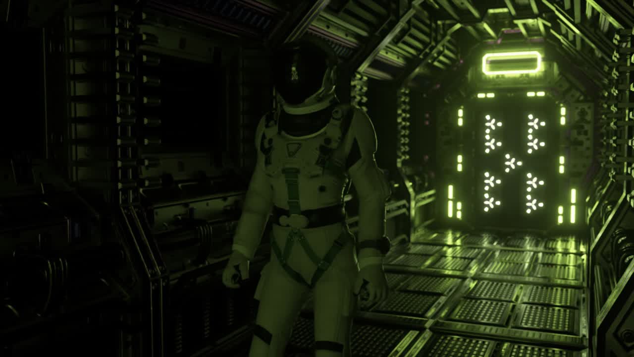 Astronaut walking in spaceship tunnel, sci-fi shuttle corridor. Futuristic abstract technology. Technology and future concept. Flashing light. 3D animation