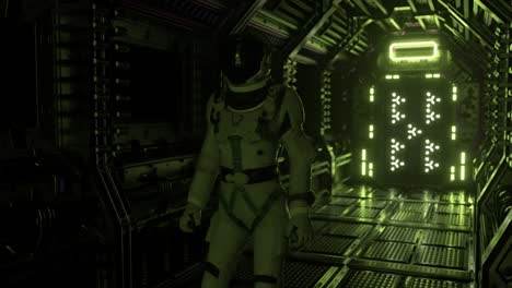 astronaut walking in spaceship tunnel, sci-fi shuttle corridor. futuristic abstract technology. technology and future concept. flashing light. 3d animation