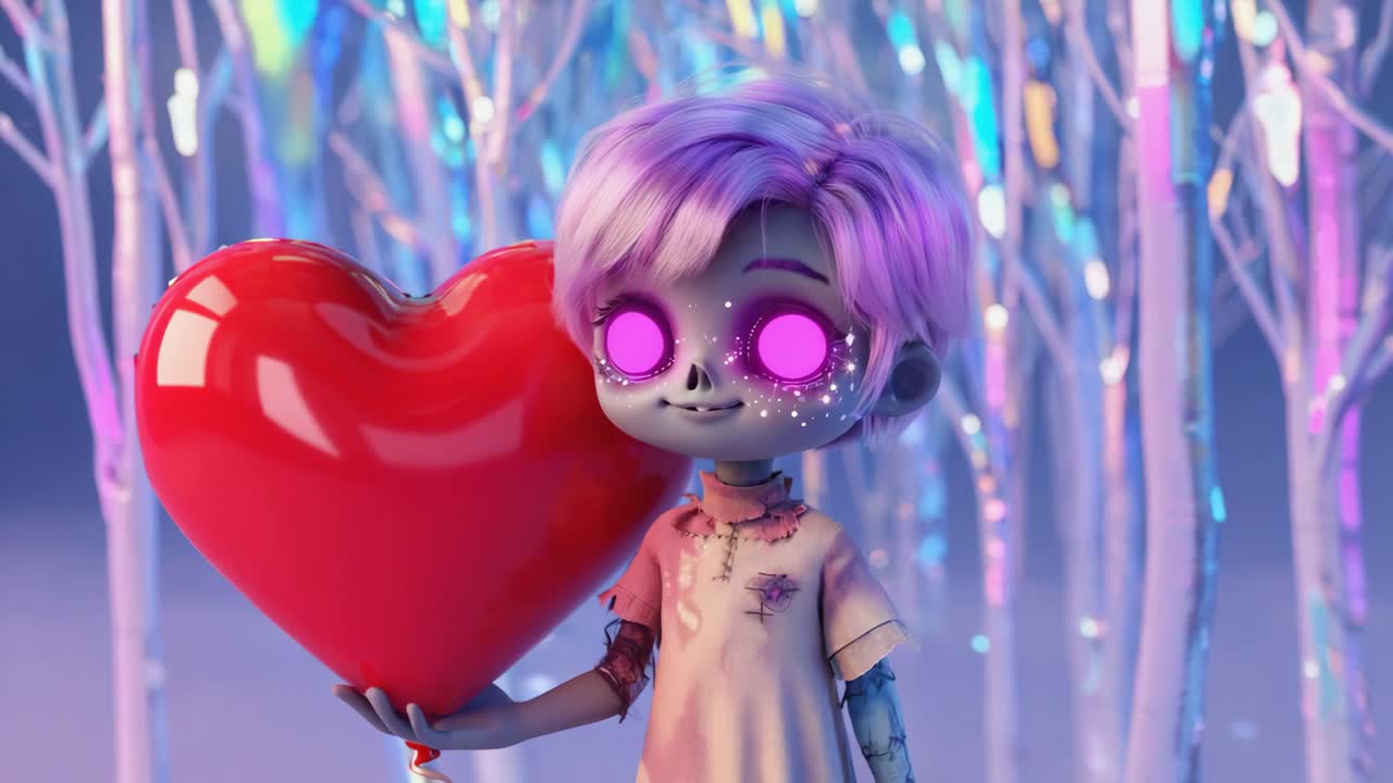 A Cute Zombie Character with Purple Hair Holding a Red Heart Balloon in an Ethereal Forest
