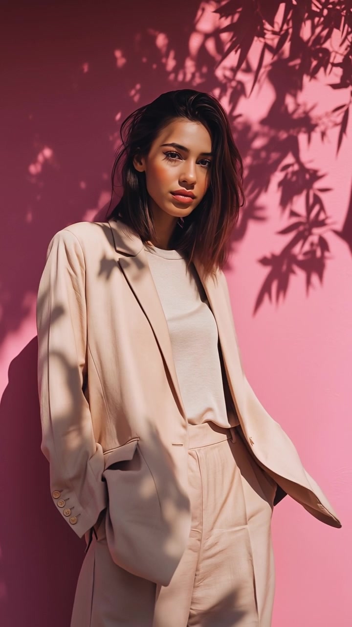 Elegante giovane donna in un tailleur pantalone beige che posa contro una parete rosa brillante con ombre.