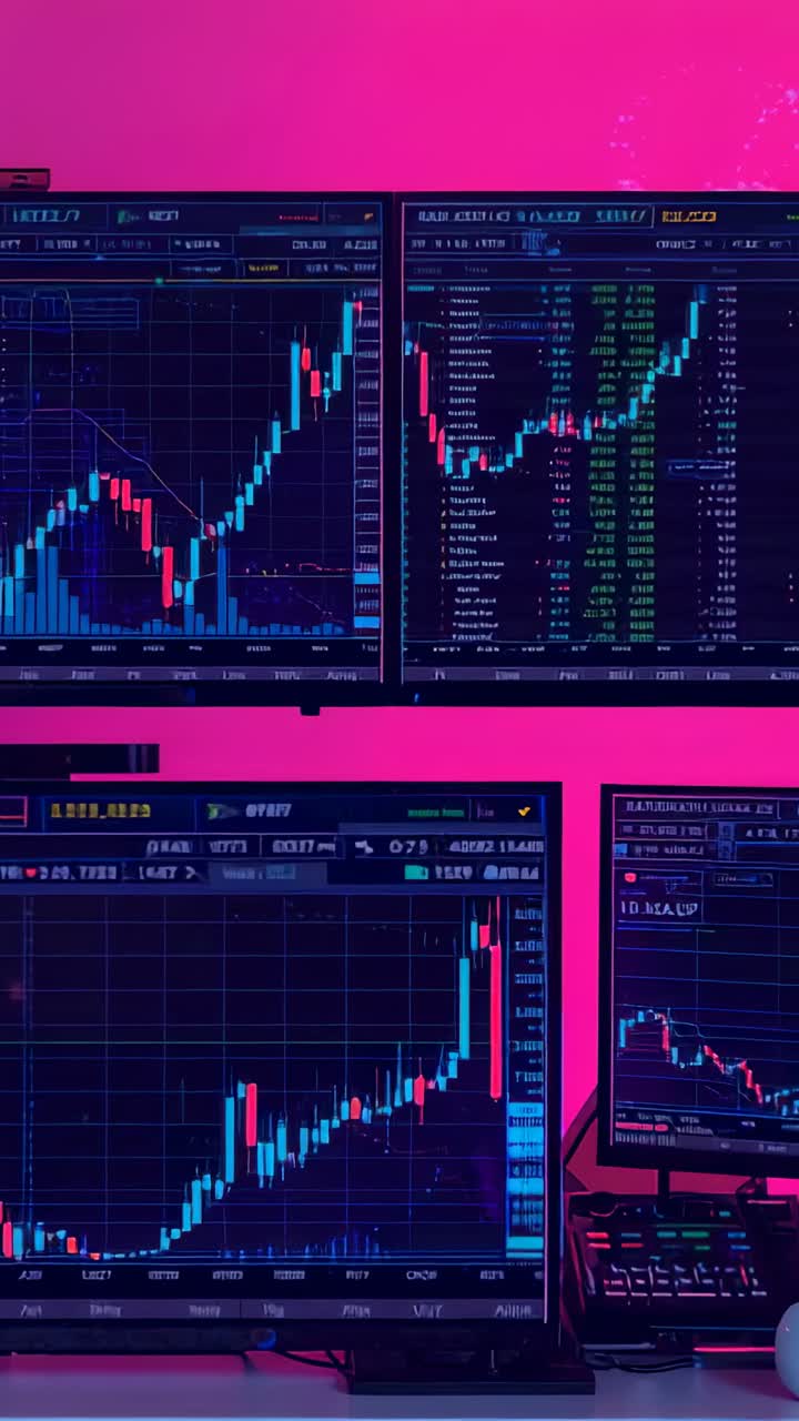 Vertical video: Data feed starting updating trading screens charts on LED-lit desk showing uptrend