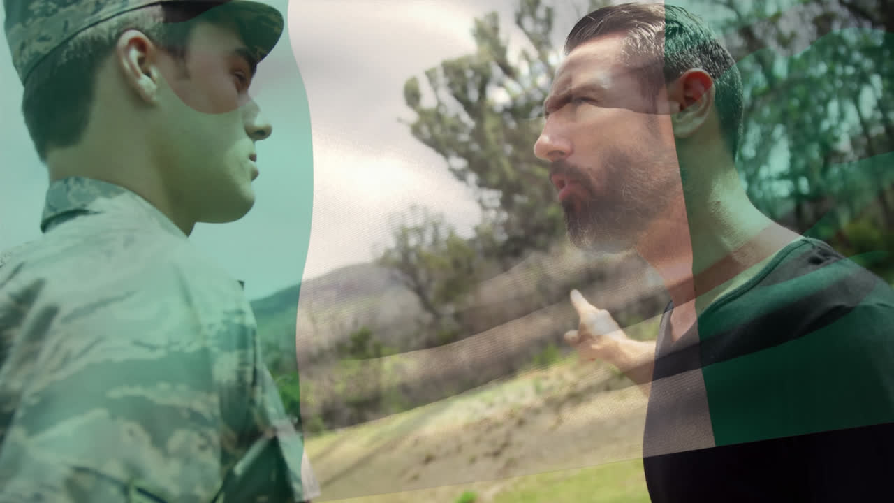 animación de la bandera de nigeria ondeando sobre los soldados caucásicos