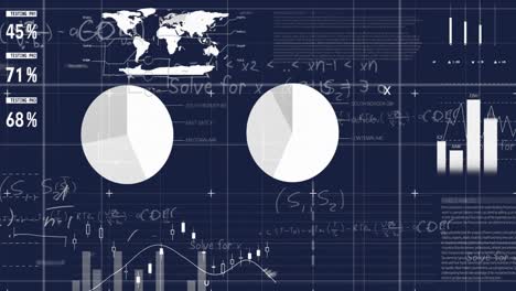 animación del procesamiento de datos estadísticos y ecuaciones matemáticas contra un fondo azul