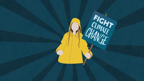 animation of girl with fight for climate banner on dark blue background