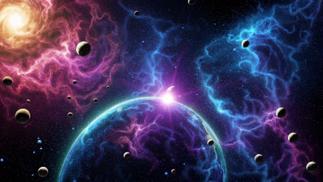 vibrant cosmic landscape with colorful nebulae and planets