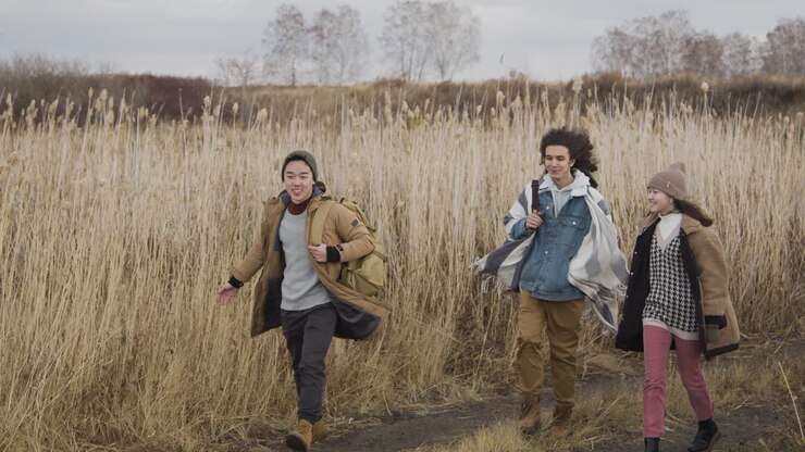 Two Teenage Boy And Girl And Teenager Boy With Long Hair Wearing Winter Clothes Walking In A Wheat Field On A Cloudy Day