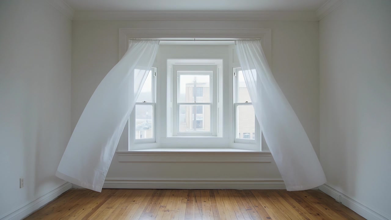 Leichte, wehende Gardinen an einem dreiflügeligen Fenster in einem leeren Raum, bewegt von einer sanften Brise.