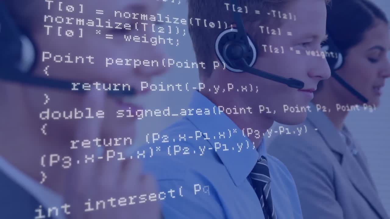 Animation of data processing over business people using phone headsets