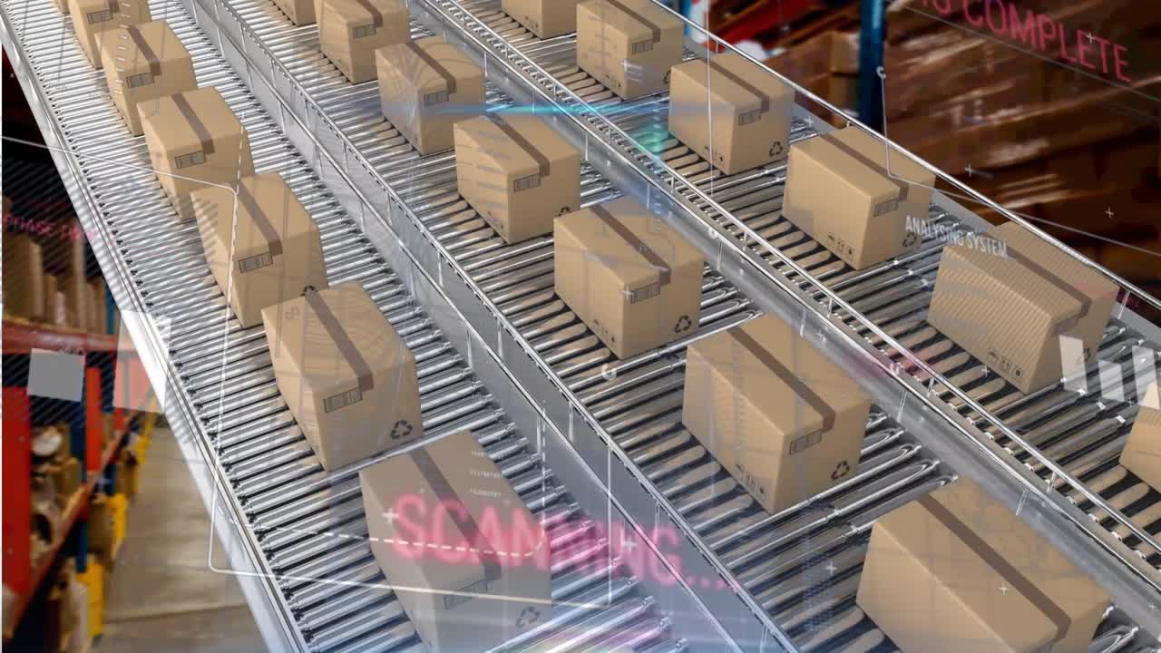 상자를 가진 컨베이어 벨트 위에서 통계 처리의 애니메이션