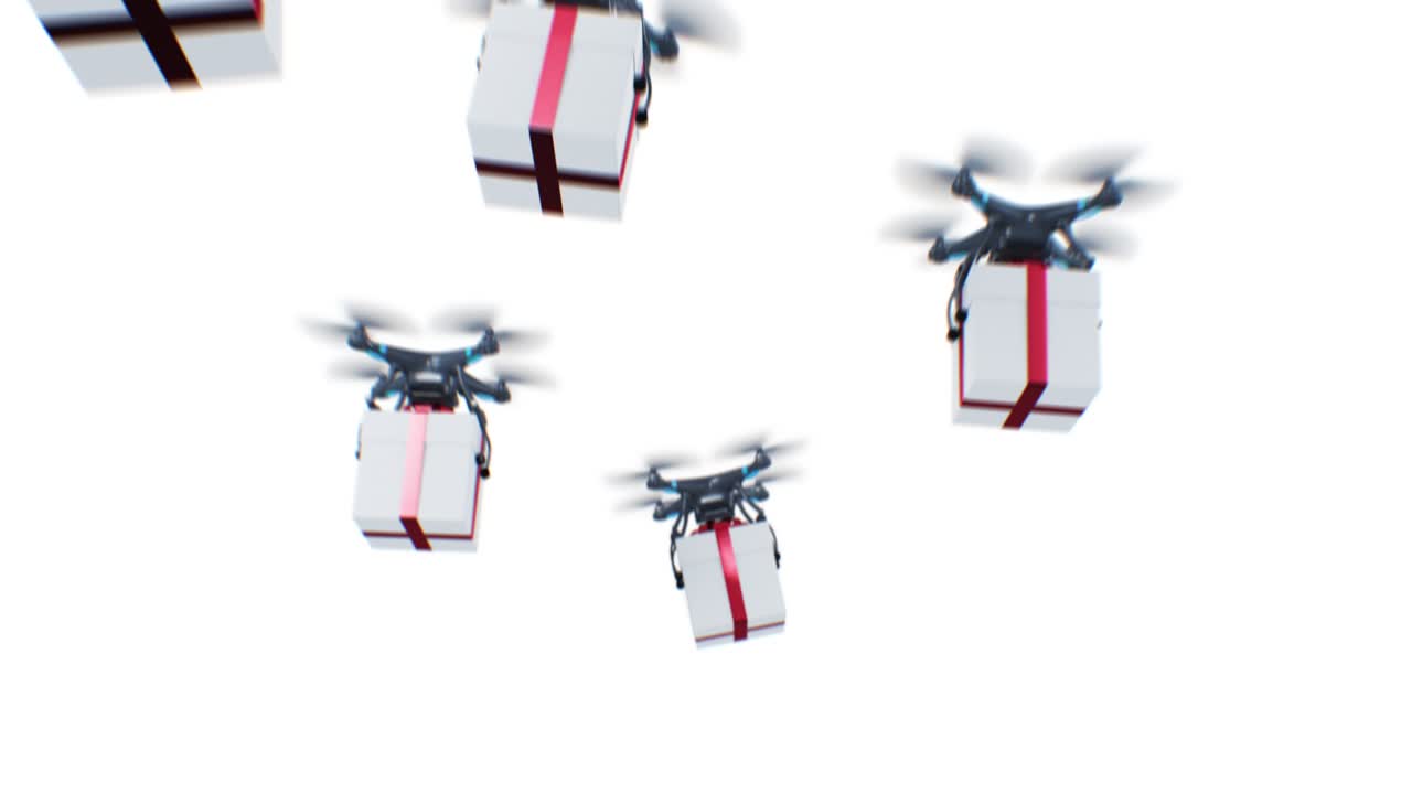 구름 속에서 날아다니는 많은 드론에 의해 배달되는 선물 상자, 하 배경, 하늘 및 녹색 화면에 루프 된 3d 애니메이션, 알파 마스크, 현대 배달 비즈니스 개념.