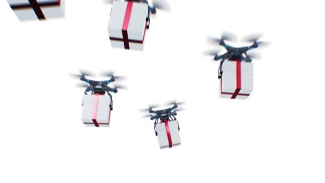cajas de regalos entregadas por muchos drones que vuelan en las nubes. animación 3d en bucle en fondo blanco, cielo y pantalla verde. máscara alfa. concepto de negocio de entrega moderno.