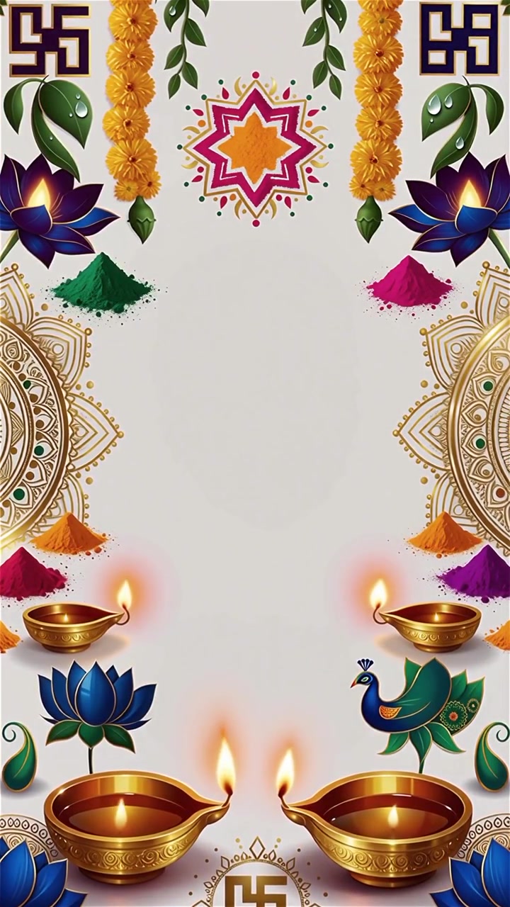 Sfondo Diwali con Diyas luminosi, Rangoli e fiori di loto