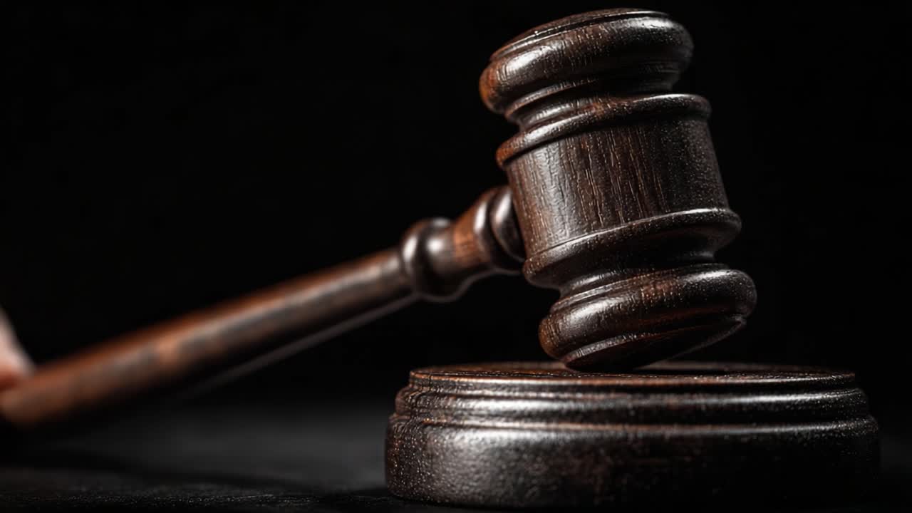 Una Vista Ravvicinata di un Elegante Martelletto su Sfondo Scuro, che Simboleggia Giustizia, Autorità e Procedimenti Legali nel Contesto delle Aule di Tribunale
