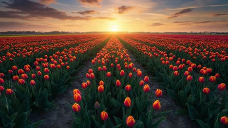 a vibrant sunset over a lush tulip field, illuminating rows of colorful blooms and casting a golden glow across the landscape