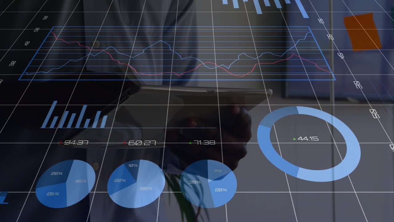 Man tapping tablet in office causing financial charts appearing and updating for reviewing data
